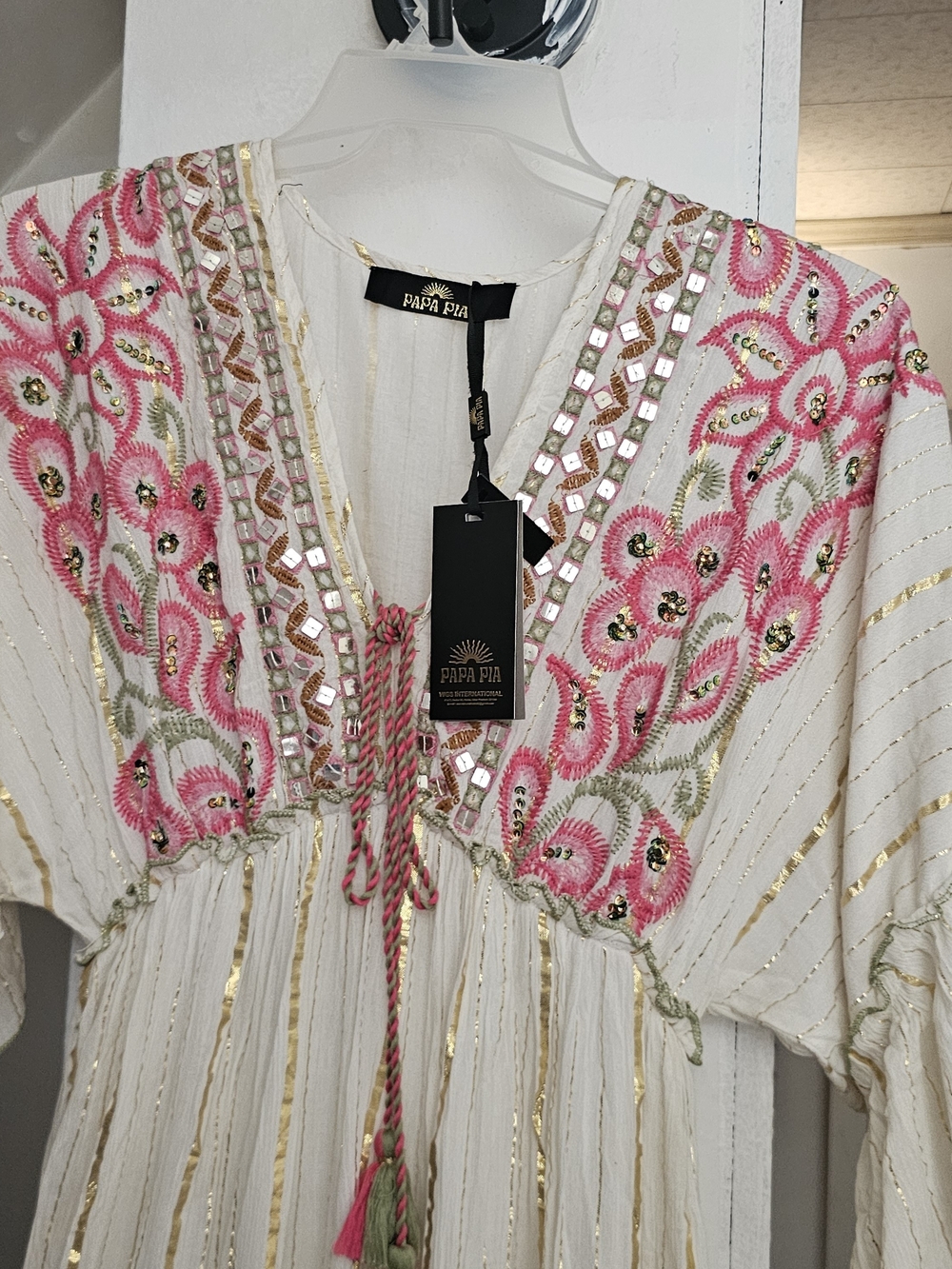 Women's White Maxi Dress with Pink Embroidery
